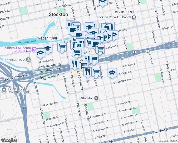 map of restaurants, bars, coffee shops, grocery stores, and more near 212 East Lafayette Street in Stockton