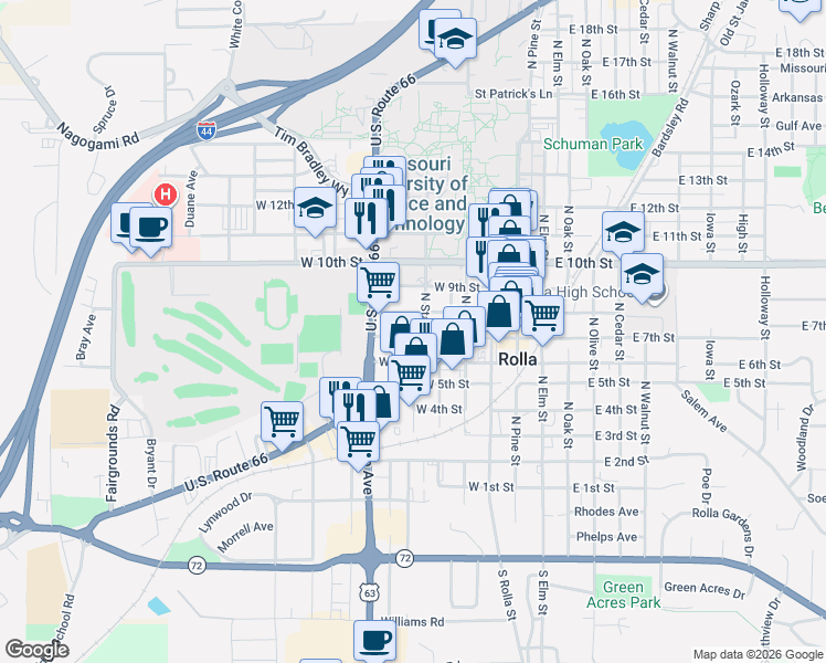 map of restaurants, bars, coffee shops, grocery stores, and more near 701 North State Street in Rolla