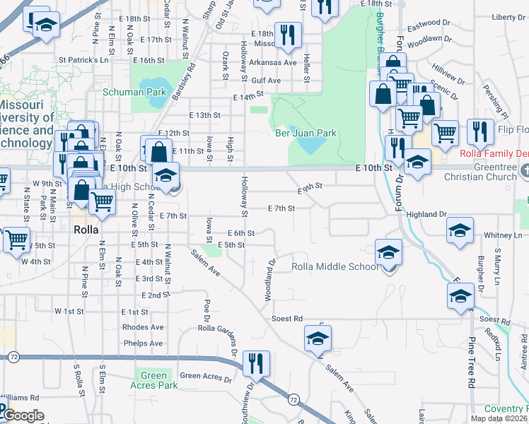 map of restaurants, bars, coffee shops, grocery stores, and more near 908 East 7th Street in Rolla