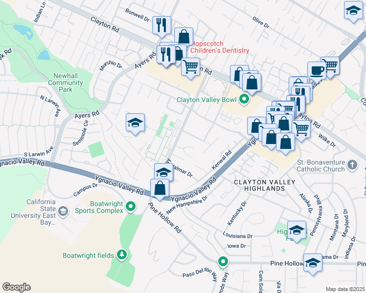 map of restaurants, bars, coffee shops, grocery stores, and more near 5205 Forrestgreen Court in Concord