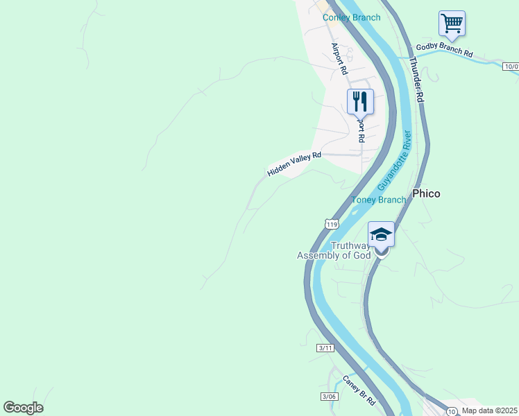 map of restaurants, bars, coffee shops, grocery stores, and more near 48 Park Ridge Road in Chapmanville