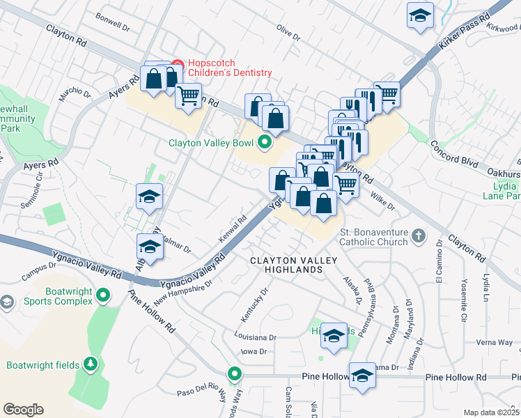 map of restaurants, bars, coffee shops, grocery stores, and more near 5360 Park Highlands Boulevard in Concord