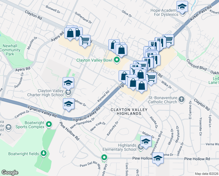map of restaurants, bars, coffee shops, grocery stores, and more near 5360 Park Highlands Boulevard in Concord