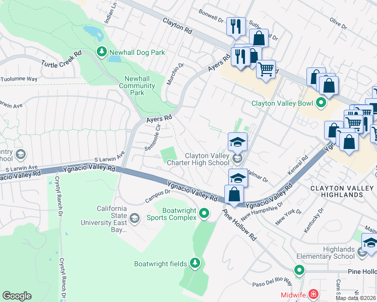 map of restaurants, bars, coffee shops, grocery stores, and more near 5079 Black Oak Road in Concord