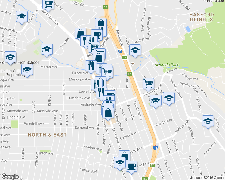 map of restaurants, bars, coffee shops, grocery stores, and more near 5011 Montoya Avenue in Richmond