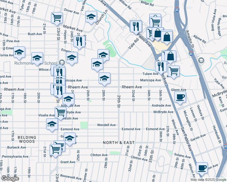 map of restaurants, bars, coffee shops, grocery stores, and more near 2839 Rheem Avenue in Richmond