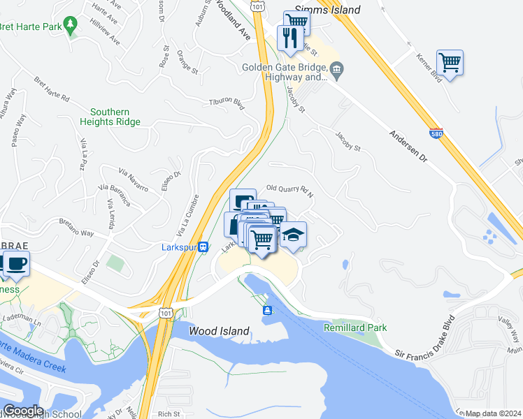 map of restaurants, bars, coffee shops, grocery stores, and more near 344 Old Quarry Road North in Larkspur