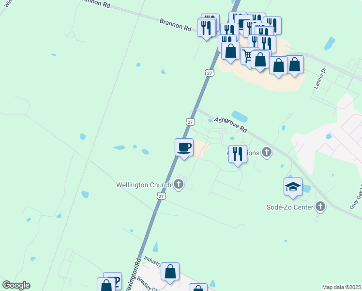 map of restaurants, bars, coffee shops, grocery stores, and more near 4930 Lexington Road in Nicholasville