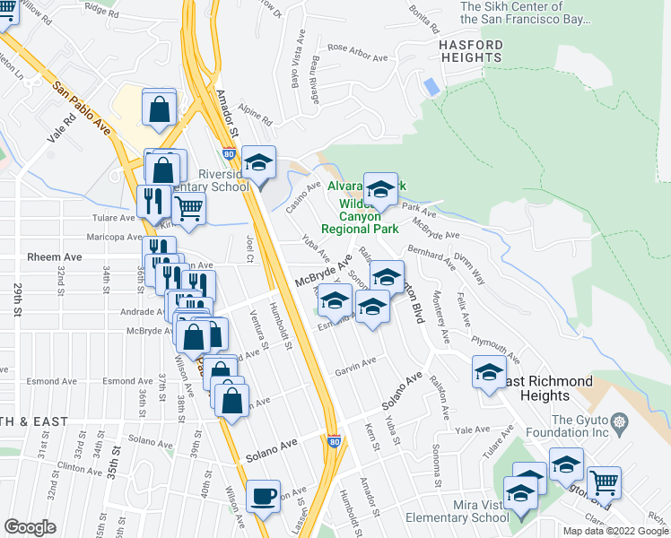 map of restaurants, bars, coffee shops, grocery stores, and more near 5600 McBryde Avenue in Richmond