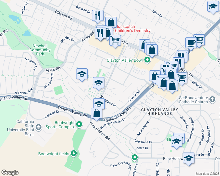 map of restaurants, bars, coffee shops, grocery stores, and more near 5205 Forrestgreen Court in Concord
