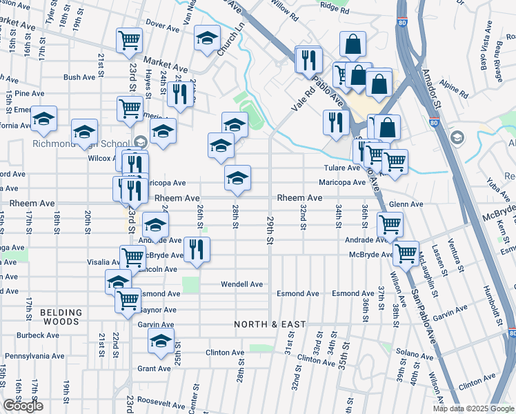 map of restaurants, bars, coffee shops, grocery stores, and more near 2839 Rheem Avenue in Richmond