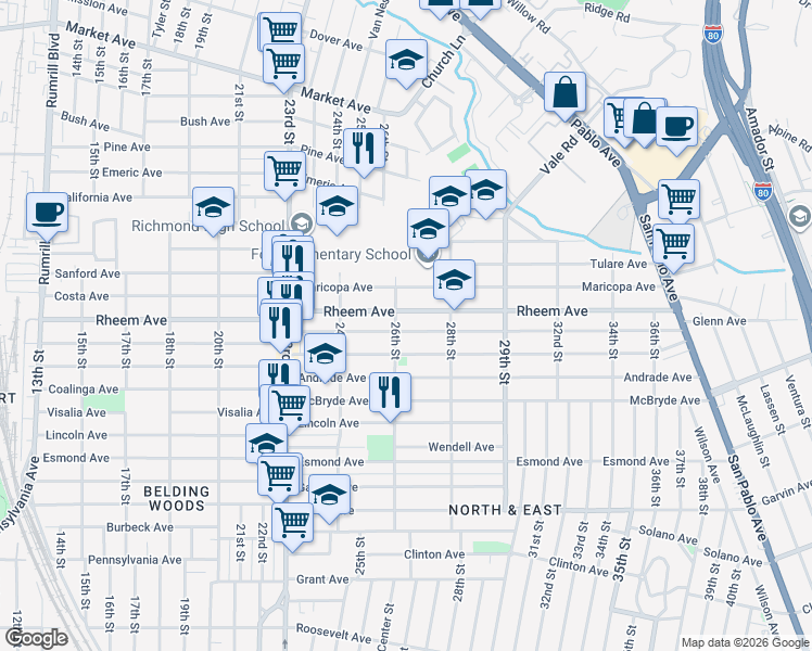 map of restaurants, bars, coffee shops, grocery stores, and more near 2617 Lowell Avenue in Richmond