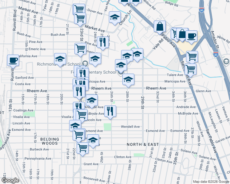 map of restaurants, bars, coffee shops, grocery stores, and more near 2617 Lowell Avenue in Richmond