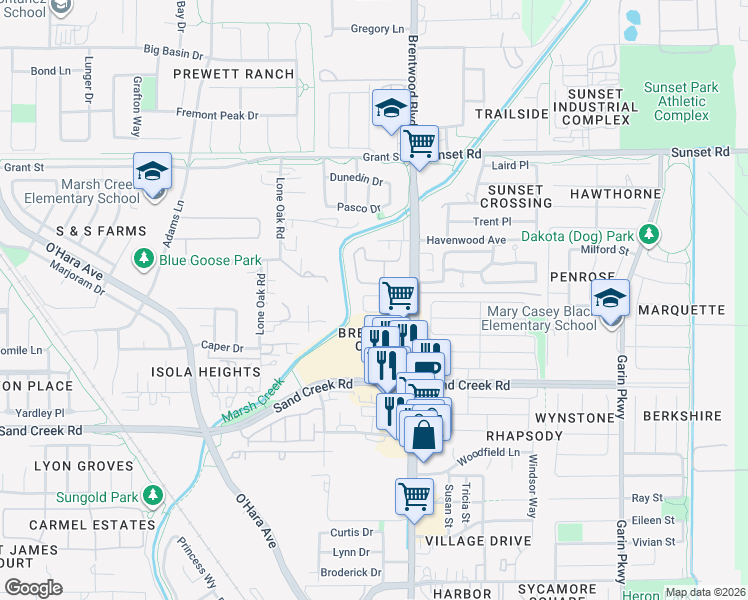 map of restaurants, bars, coffee shops, grocery stores, and more near 89 Baird Circle in Brentwood