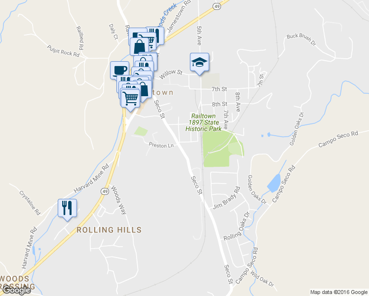 map of restaurants, bars, coffee shops, grocery stores, and more near 17997 Seco Street in Jamestown