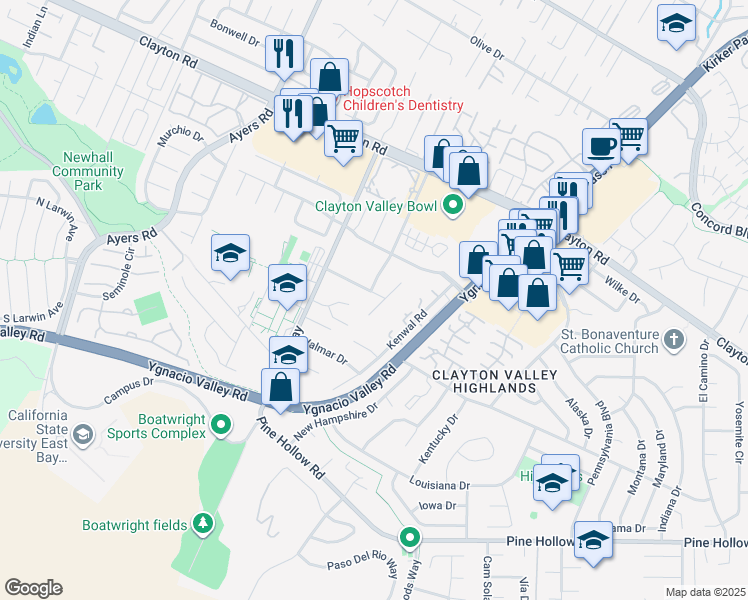 map of restaurants, bars, coffee shops, grocery stores, and more near 5372 Lightwood Drive in Concord