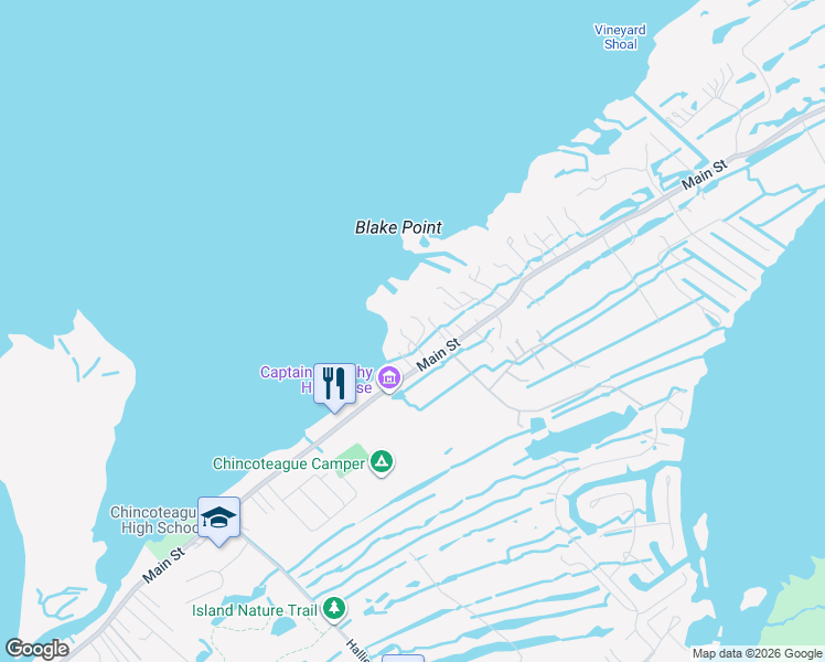map of restaurants, bars, coffee shops, grocery stores, and more near 5175 Winder Ln in Chincoteague Island