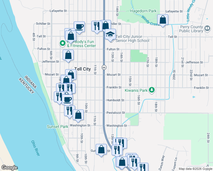 map of restaurants, bars, coffee shops, grocery stores, and more near 672-678 12th St in Tell City