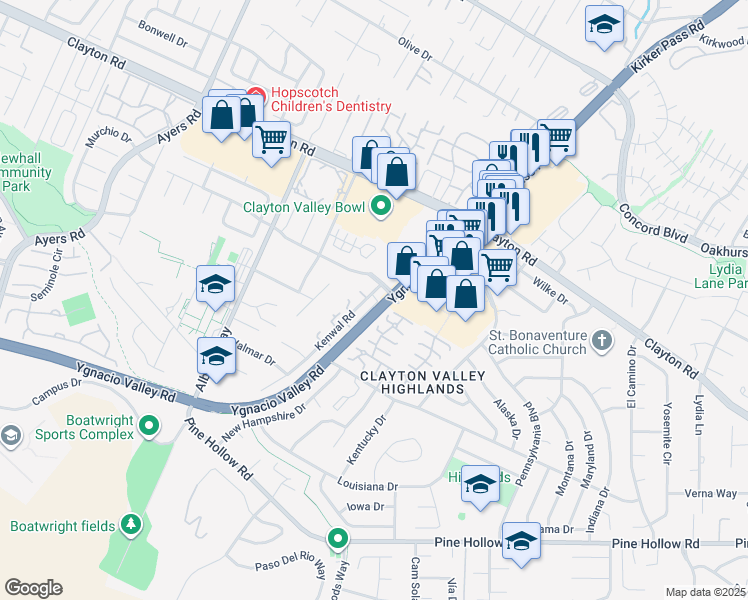 map of restaurants, bars, coffee shops, grocery stores, and more near 5360 Park Highlands Boulevard in Concord