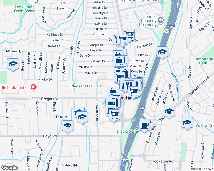 map of restaurants, bars, coffee shops, grocery stores, and more near 10 Zurich Court in Pleasant Hill