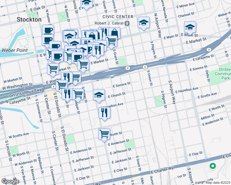map of restaurants, bars, coffee shops, grocery stores, and more near 412 South Stanislaus Street in Stockton