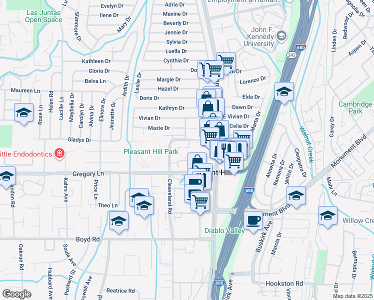 map of restaurants, bars, coffee shops, grocery stores, and more near 10 Zurich Court in Pleasant Hill