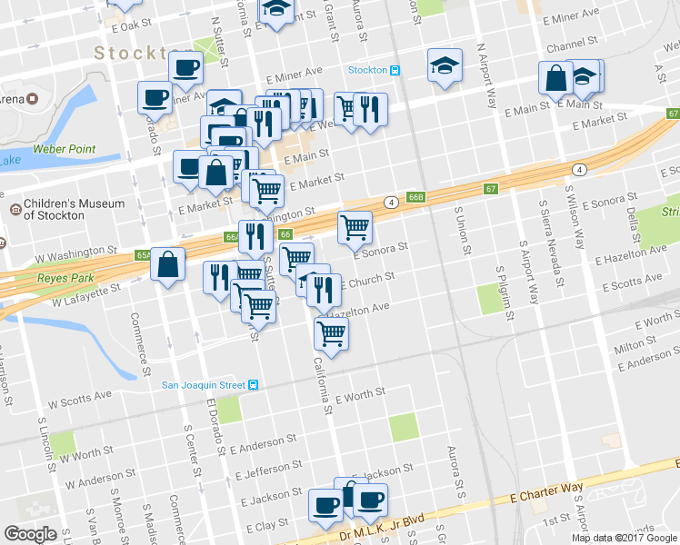 map of restaurants, bars, coffee shops, grocery stores, and more near 412 South Stanislaus Street in Stockton
