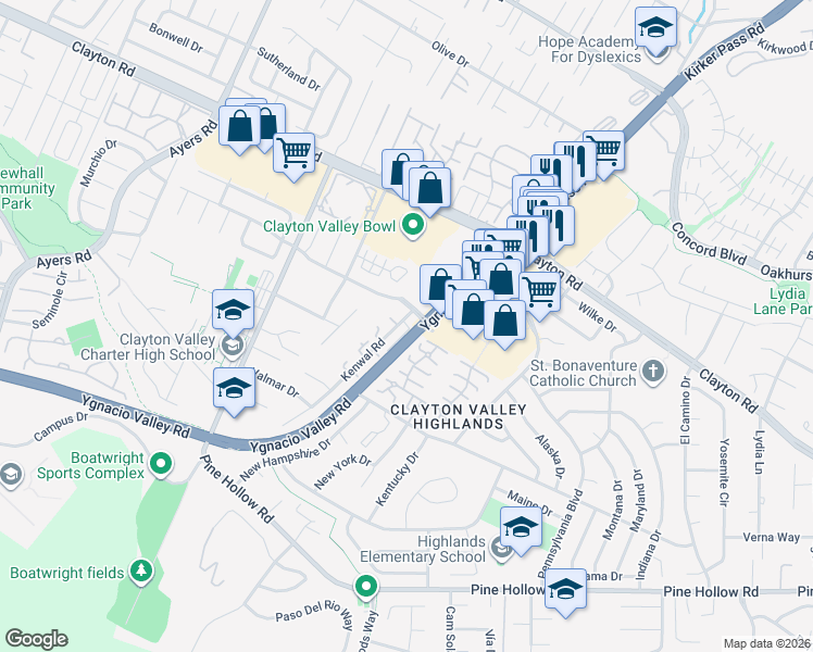 map of restaurants, bars, coffee shops, grocery stores, and more near 5360 Park Highlands Boulevard in Concord