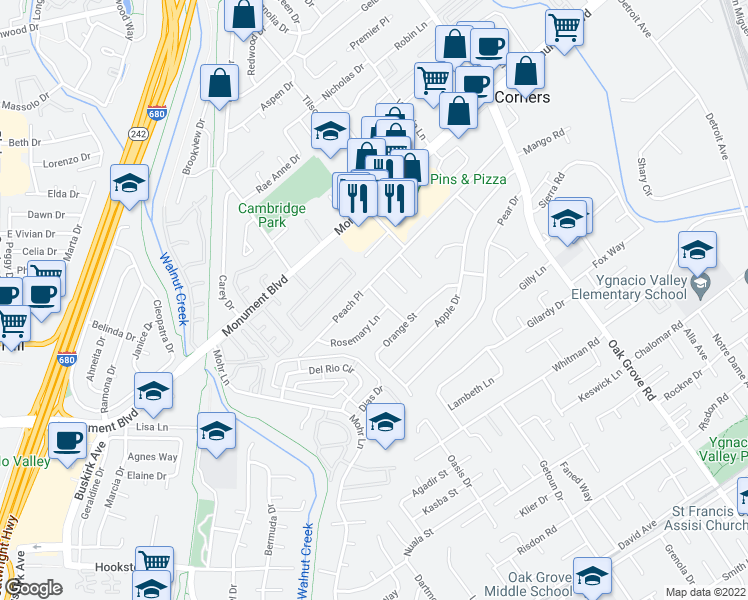 map of restaurants, bars, coffee shops, grocery stores, and more near 1393 Peach Place in Concord