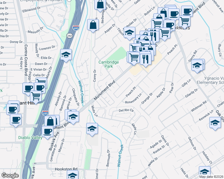 map of restaurants, bars, coffee shops, grocery stores, and more near 1290 Monument Boulevard in Concord