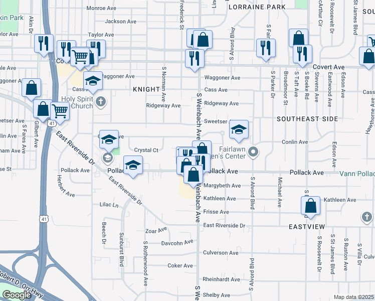 map of restaurants, bars, coffee shops, grocery stores, and more near 1904 Plantation Court in Evansville
