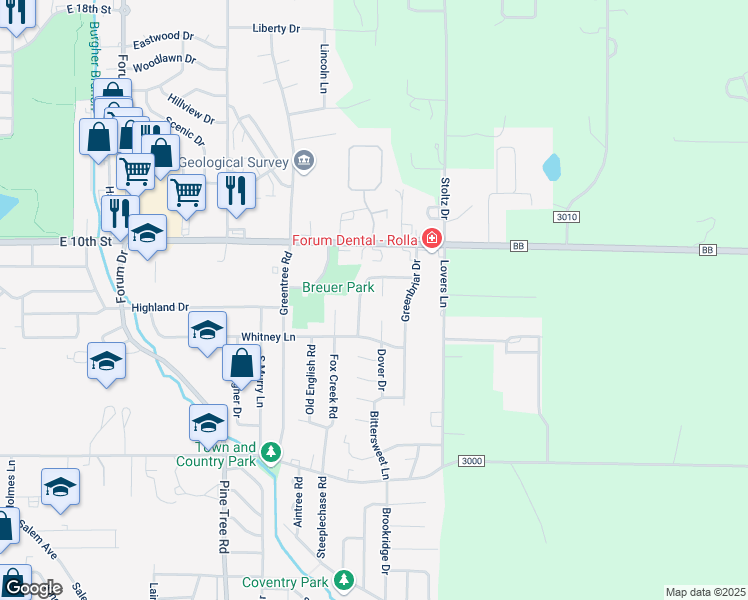 map of restaurants, bars, coffee shops, grocery stores, and more near 808 Wakefield Drive in Rolla