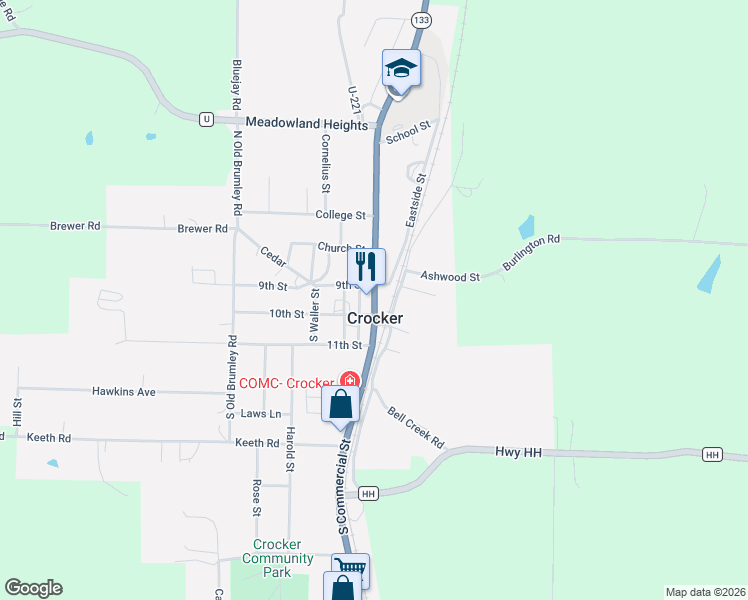 map of restaurants, bars, coffee shops, grocery stores, and more near 112 North Commercial Street in Crocker