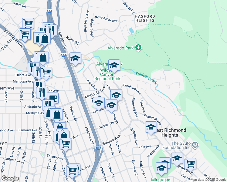map of restaurants, bars, coffee shops, grocery stores, and more near 5851 Ralston Avenue in Richmond