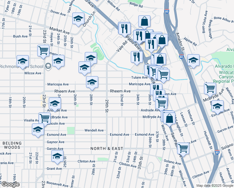 map of restaurants, bars, coffee shops, grocery stores, and more near 3107 Rheem Avenue in Richmond