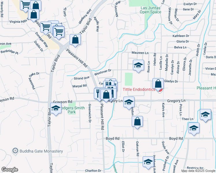 map of restaurants, bars, coffee shops, grocery stores, and more near 119 Lockwood Lane in Pleasant Hill