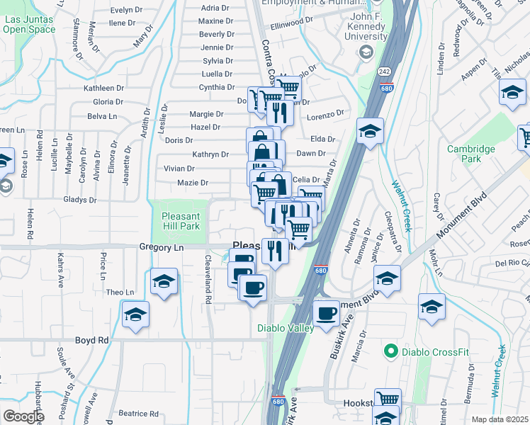 map of restaurants, bars, coffee shops, grocery stores, and more near 1945 Contra Costa Boulevard in Pleasant Hill