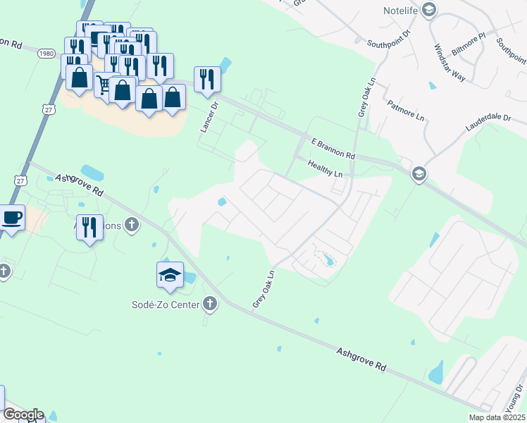 map of restaurants, bars, coffee shops, grocery stores, and more near Mallory Meadow Way in Nicholasville