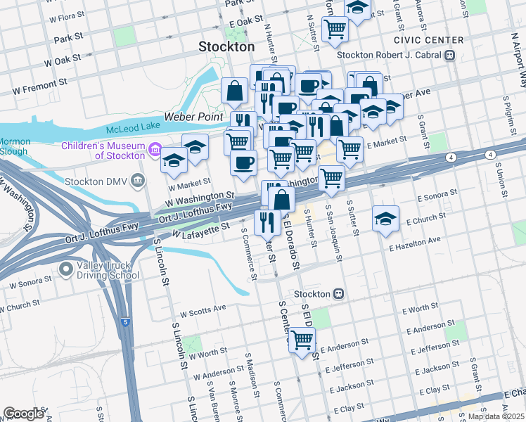 map of restaurants, bars, coffee shops, grocery stores, and more near 299 South Center Street in Stockton