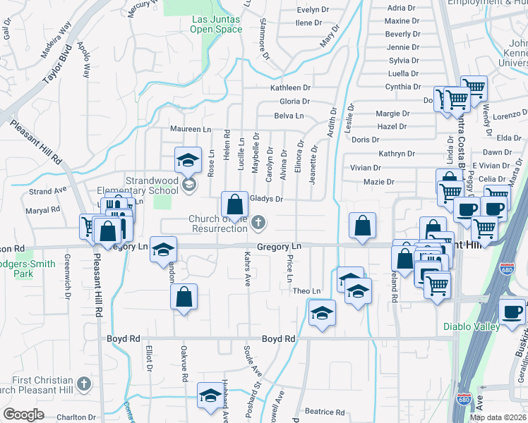 map of restaurants, bars, coffee shops, grocery stores, and more near 9 Lone Oak Court in Pleasant Hill