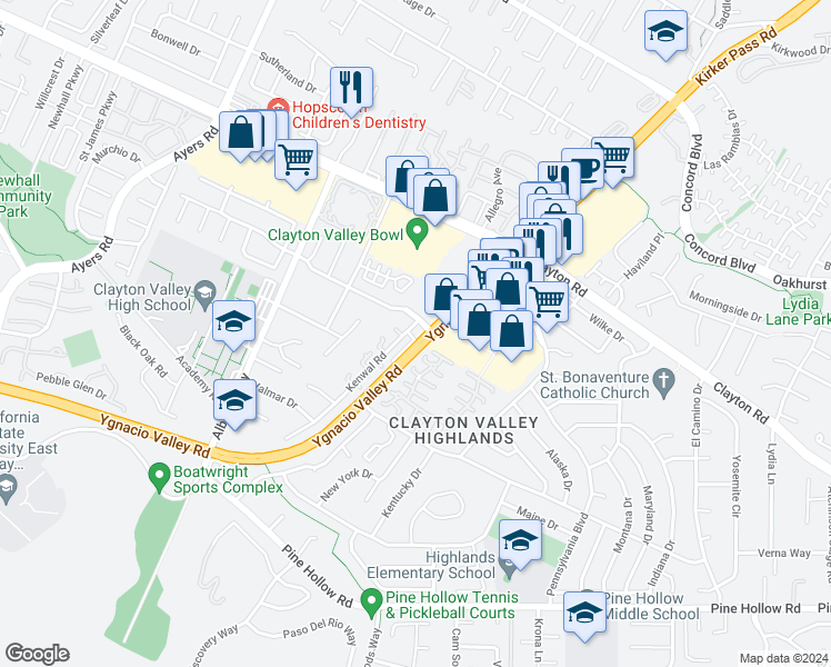 map of restaurants, bars, coffee shops, grocery stores, and more near 5360 Park Highlands Boulevard in Concord