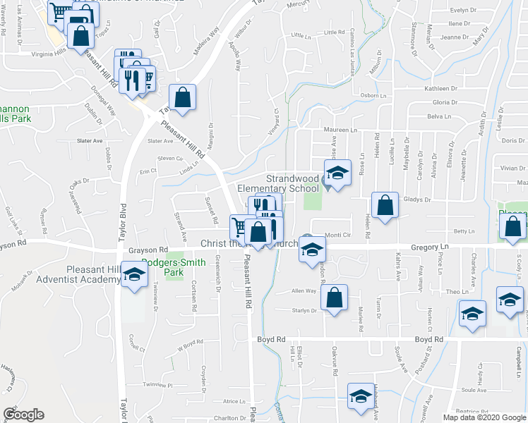 map of restaurants, bars, coffee shops, grocery stores, and more near 119 Lockwood Lane in Pleasant Hill