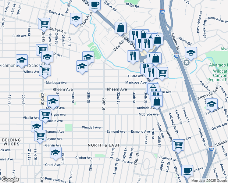 map of restaurants, bars, coffee shops, grocery stores, and more near 3107 Rheem Avenue in Richmond