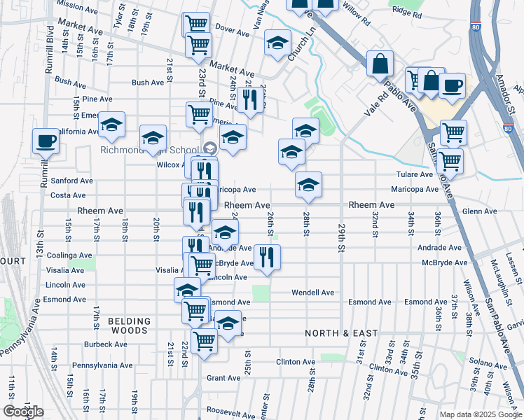 map of restaurants, bars, coffee shops, grocery stores, and more near 1134 26th Street in Richmond