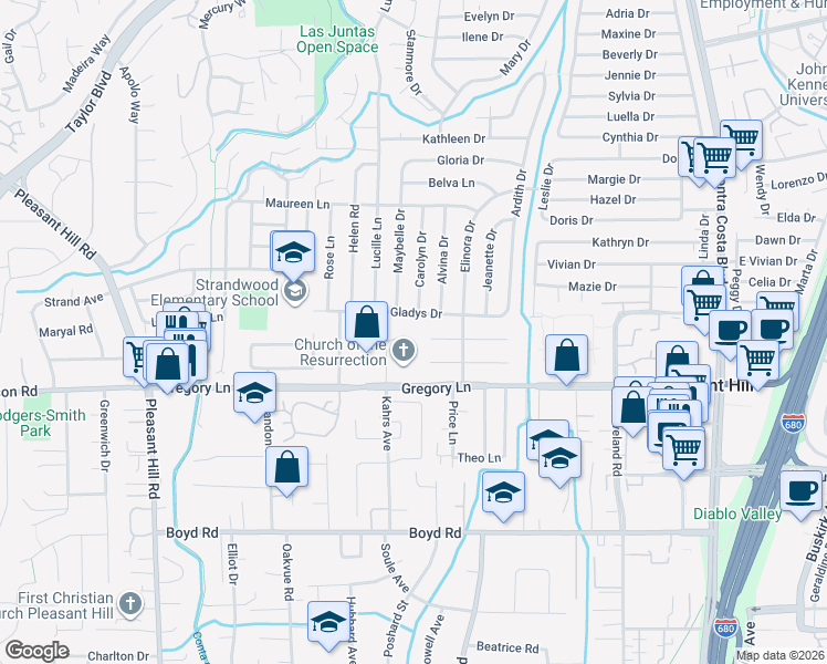map of restaurants, bars, coffee shops, grocery stores, and more near 9 Lone Oak Court in Pleasant Hill