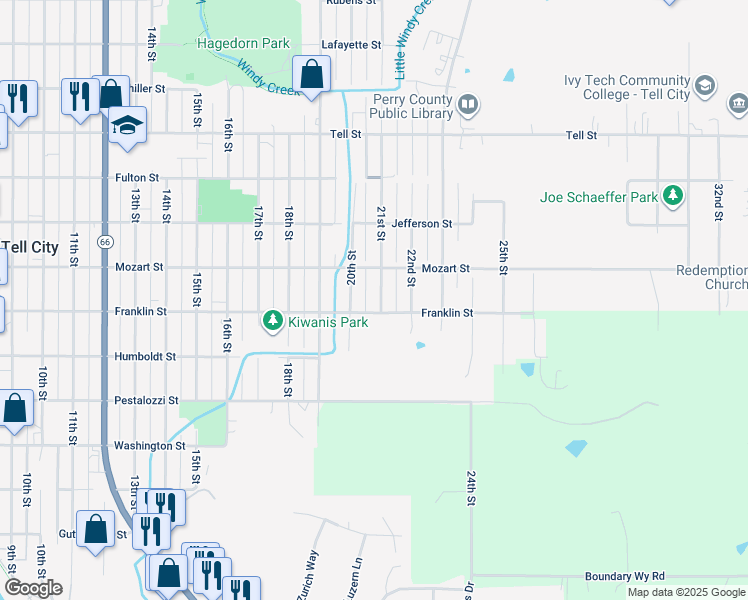 map of restaurants, bars, coffee shops, grocery stores, and more near 600-698 21st Street in Tell City