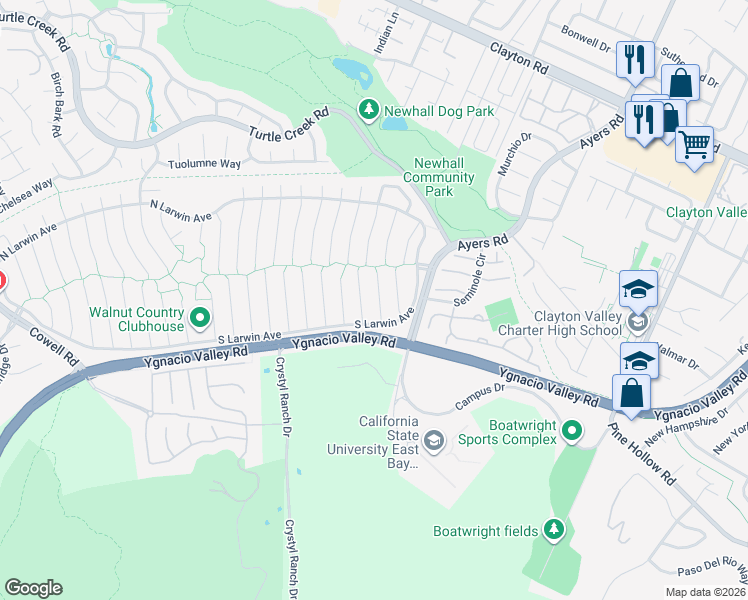 map of restaurants, bars, coffee shops, grocery stores, and more near 4490 Buckthorn Court in Concord