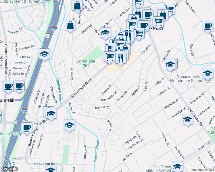 map of restaurants, bars, coffee shops, grocery stores, and more near 1393 Peach Place in Concord