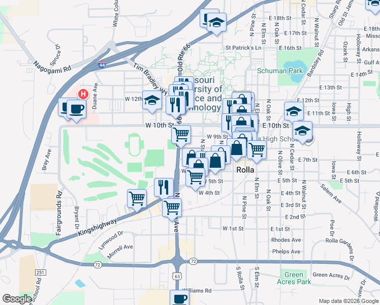map of restaurants, bars, coffee shops, grocery stores, and more near 609 West 8th Street in Rolla
