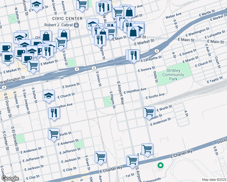 map of restaurants, bars, coffee shops, grocery stores, and more near 1222 East Church Street in Stockton